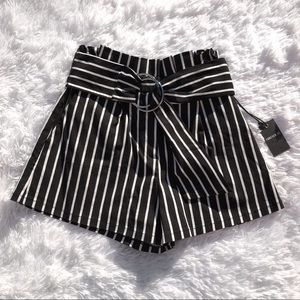 Striped Belted Paperbag Waist Shorts